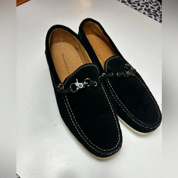 John Varvatos Black Suede Leather Metal Detail Boat Moccasins Loafers 10.5 NWOT